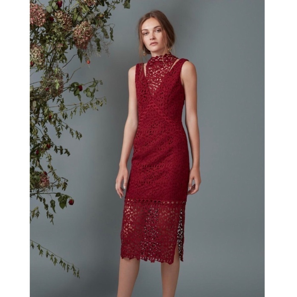 Keepsake the Label Illusion Red Floral Formal Evening Midi Dress